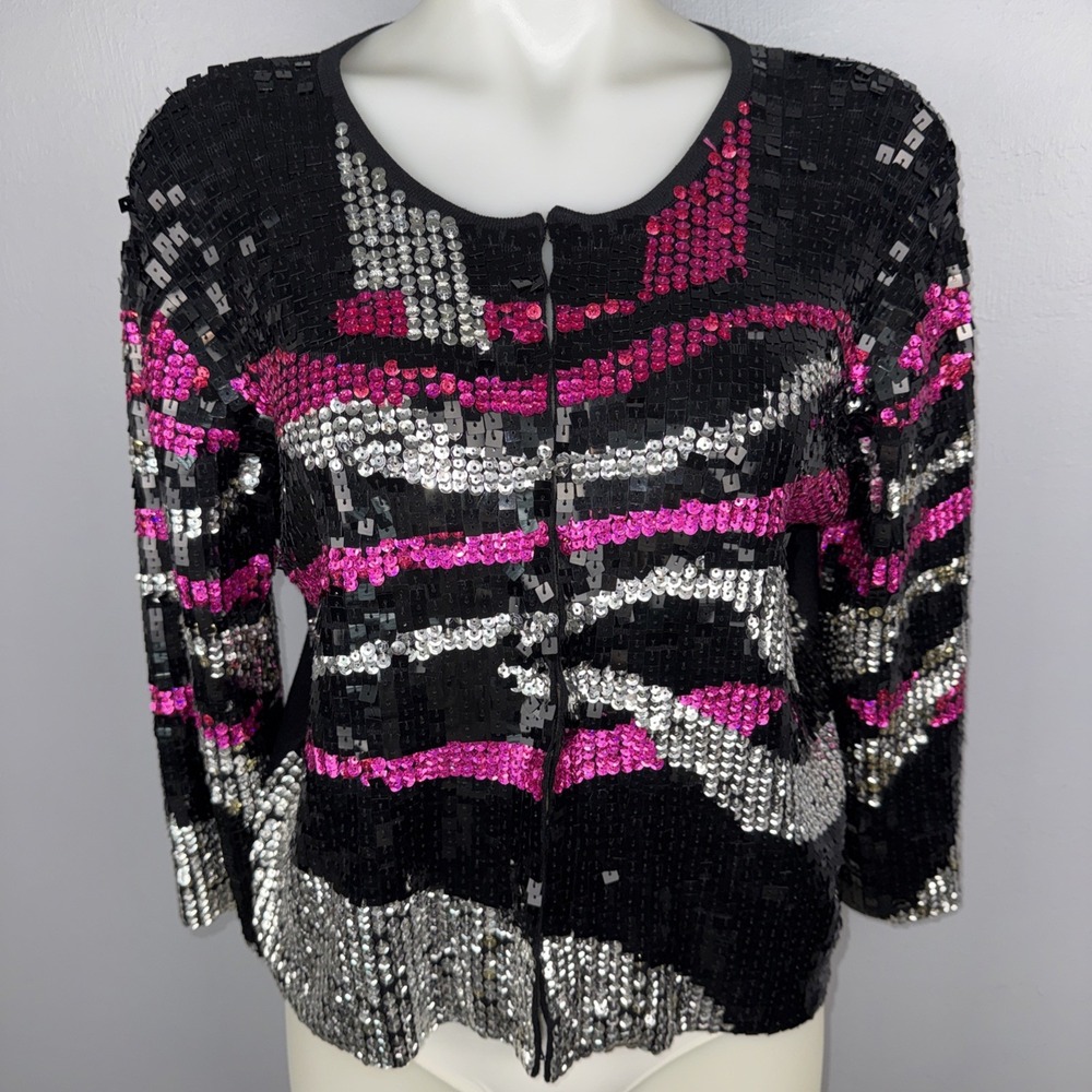Joseph A. Sequin Cardigan Women's L Black Pink Silver Gold 90's Silk Blend *READ